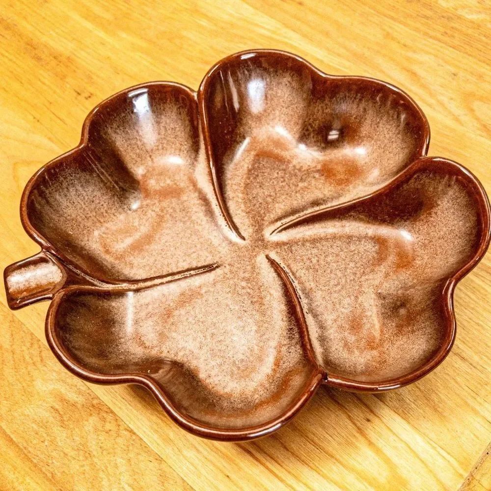 VTG Frankoma Plainsman Brown Satin Four Leaf Clover Ceramic Candy Dish